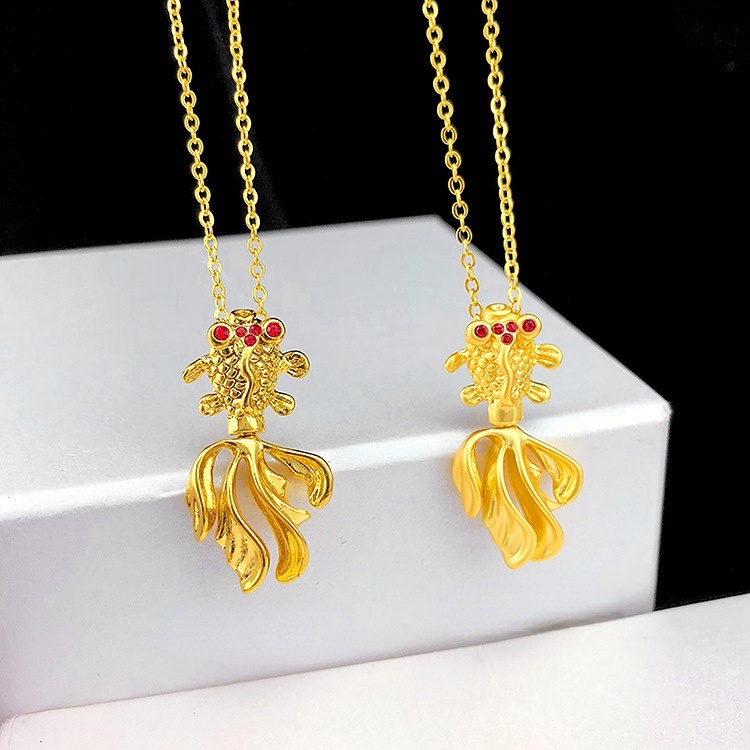 Goldkingdom Perhiasan Fashion Emas Asli Kadar 375Bangkok Aksesoris Ready Stock Tembaga Murni Berlapis Emas Fashion Wanita Retro Ikan Mas Liontin Kalung