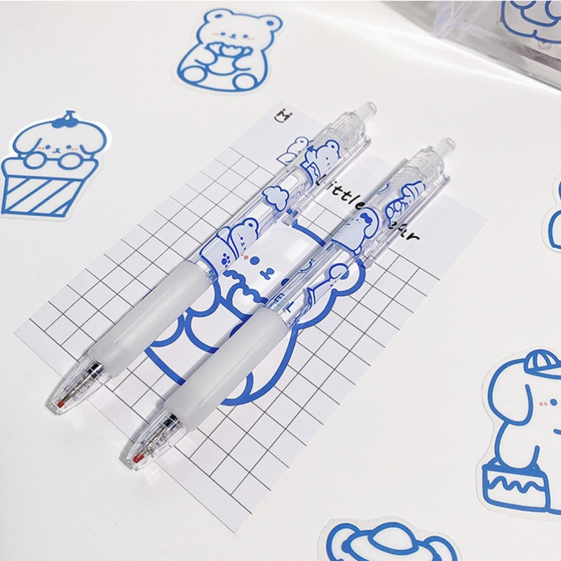 Biru Kartun Pola Hewan Gel Pen INS Korea Transparan Pulpen Tulis Halus 0.5mm Hitam Press Pen Siswa Alat Tulis Sekolah Perlengkapan Kantor