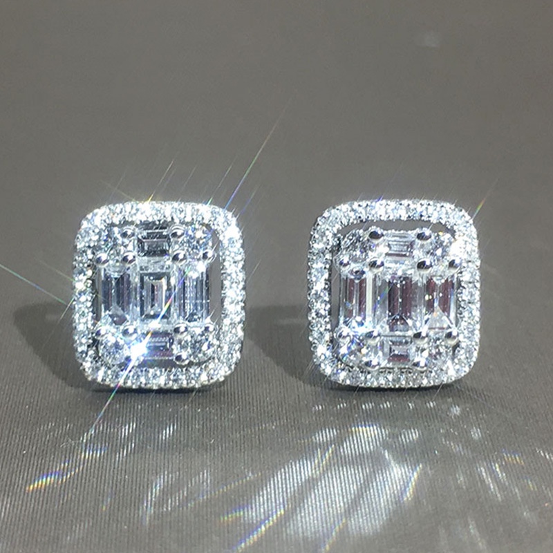 Perak Jarum Square Zircon Earrings Fashion Populer Anting Wanita