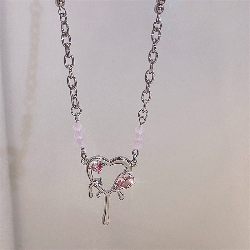 AY(CN) Kalung Zircon Pink Manis Cupid Heart Choker Rantai Silver Untuk Aksesoris Perhiasan Wanita