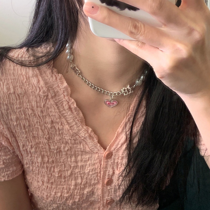 AY(CN) Kalung Dan Gelang Rantai Choker Liontin Hati Warna Pink Aksen Mutiara Untuk Wanita