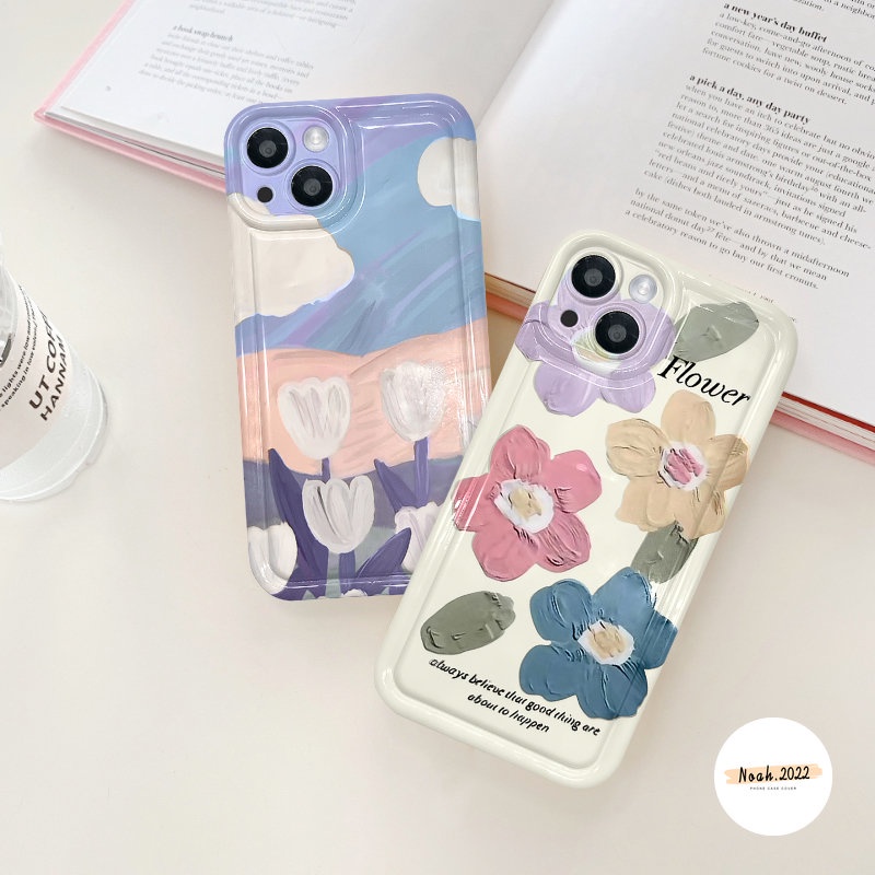 IPHONE Case Bunga Lukisan Cat Minyak Kompatibel Untuk Iphone11 14 13 12 Pro MAX X XS MAX XR 6 6S 7 8 Plus Shockproof Airbag Clear Fresh Art Flower Tulips Soft Phone Case TPU Penutup Belakang