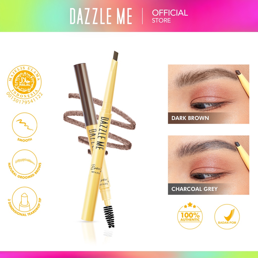 DAZZLE ME Brow Likey Indonesia / Pensil Alis 0.25g / 12H Long Lasting Japanese Wax Beeswax Skincare Infused Tear Drop Tio Waterproof Smudge Free / Anti Air Tahan Lama / Dark Brown Charcoal Grey / Cosmetic Makeup Eye Make Up Kosmetik Mata Series / Eyebrow