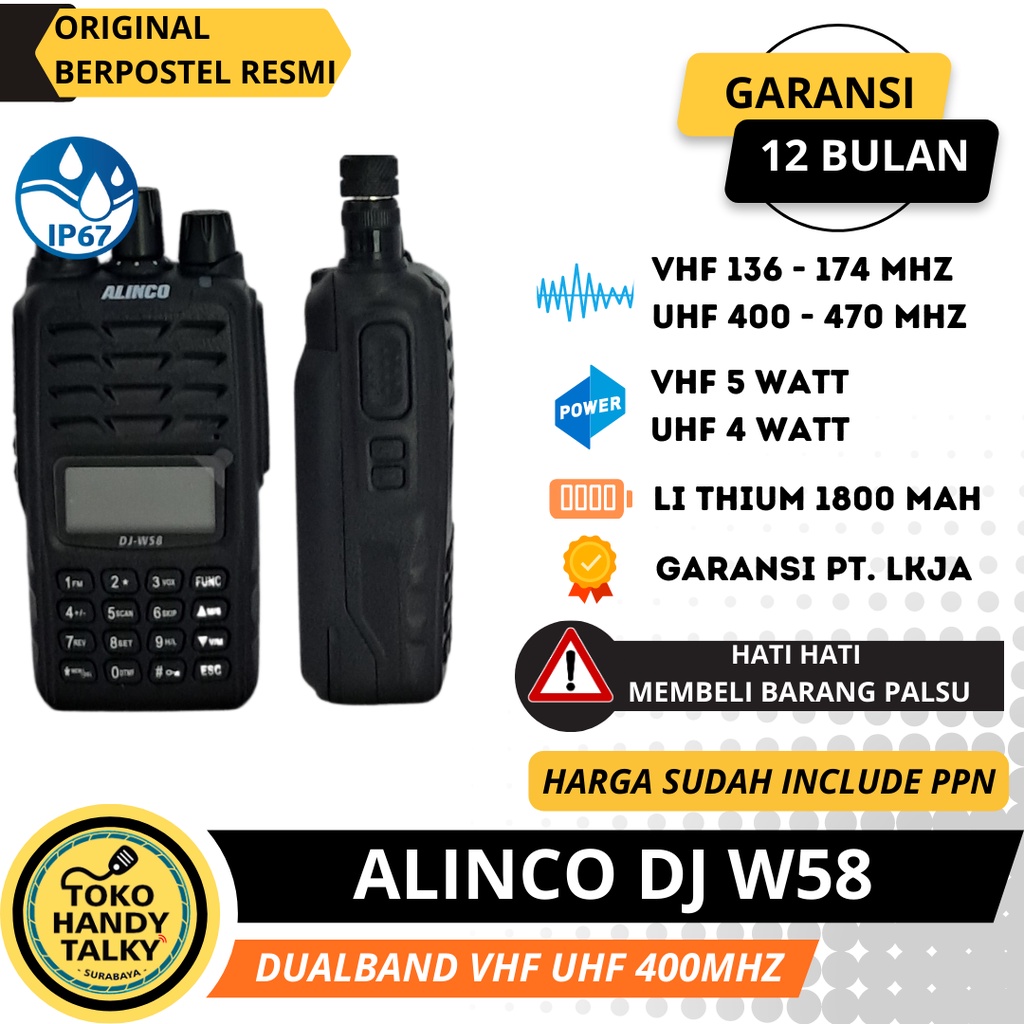 HANDY TALKY ALINCO DJ-W58  DJ W58 DUALBAND VHF UHF 400MHz WATERPROFF &amp; DUSTPROOF IP67 NEW ORIGINAL GARANSI RESMI POSTEL