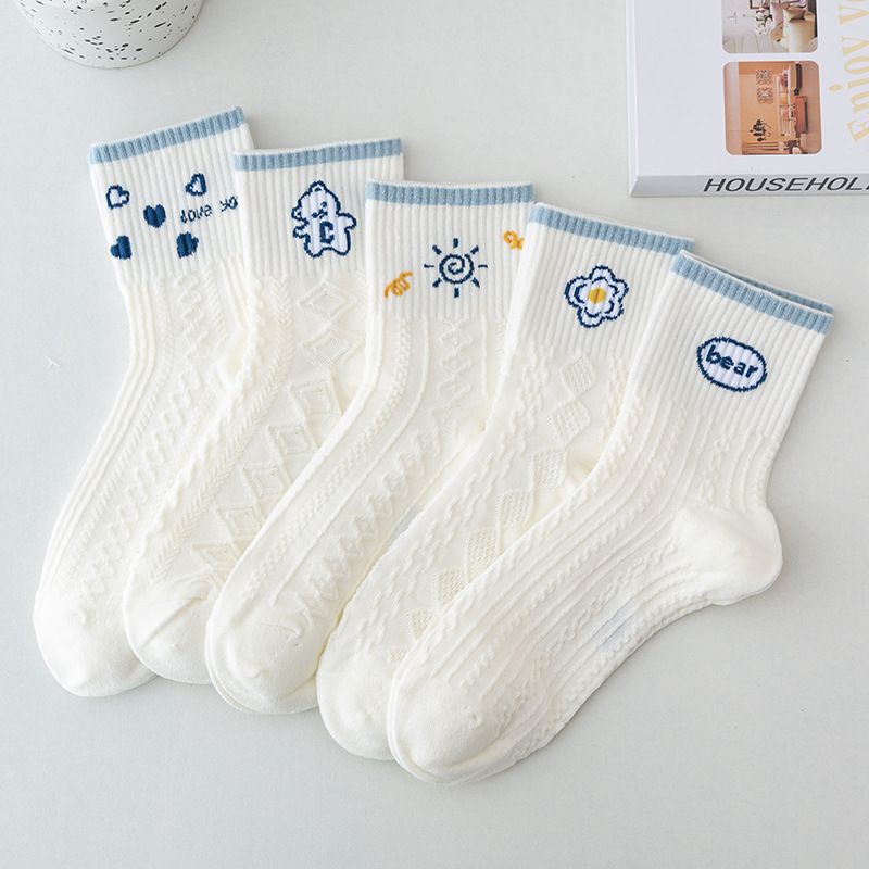 [littlecrab] Kaos Kaki Rajut Biru Base Putih Cream White Knit Blue Love Bear Sun Import Sock High Quality Korean Style