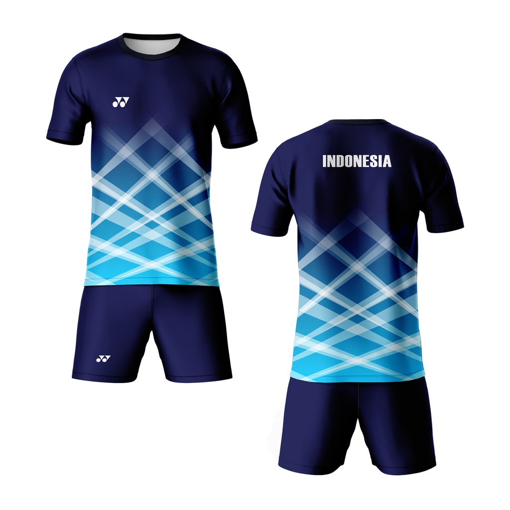Kaos Pria Jersey Badminton Olahraga Bulutangkis Abstrak Biru Navy 07 Full Printing Custom