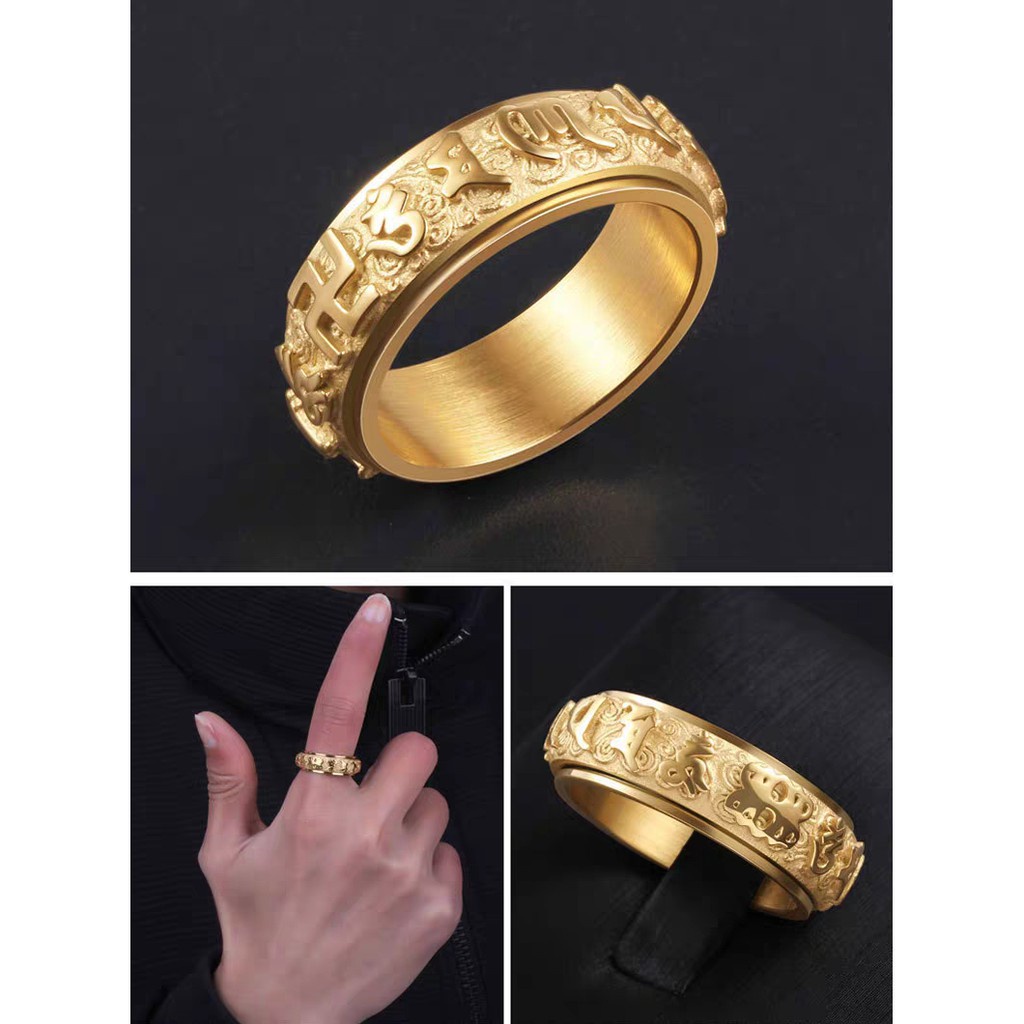 Cincin Bahan Titanium Steel Desain Buddha Dapat Diputar | Sanskrit Cincin Stainless Steel Motif Tulisan Enam Kata-Kata | Aksesoris Gaya Kepribadian Untuk Pria Dan Wanita