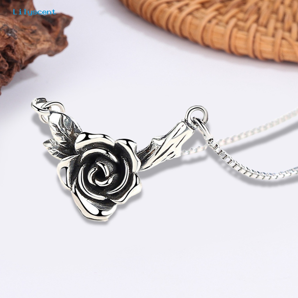 [LS] Wanita Kalung Vintage Bunga Hitam Rose Stainless Desain Lama Leher Dekorasi Warna Perak Tepi Halus Rose Liontin Kalung Pesta Perhiasan