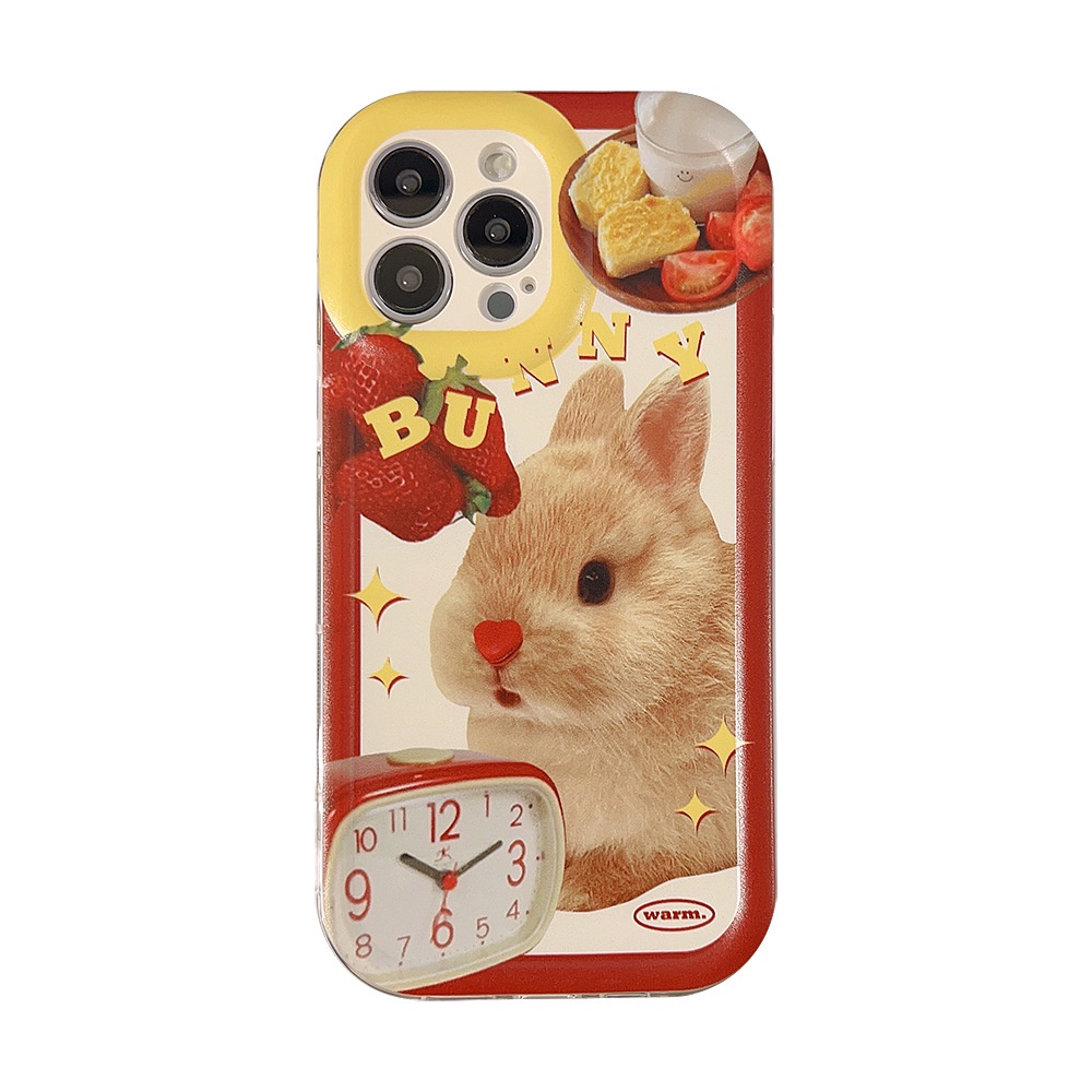 IPHONE Ins Jam Alarm Lucu Strawberry Kelinci Kartun Silikon Case Untuk Iphone14 11 12 13 PRO MAX Casing Cover Pelindung AT0040