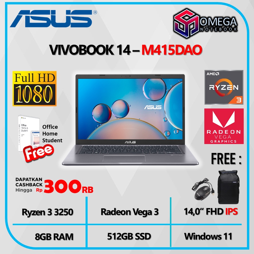 Asus Vivobook 14 M415DAO FHD352 / FHD351 Ryzen 3 3250 8GB 512GB Vega 3 14,0 FHD Windows 11 + OHS