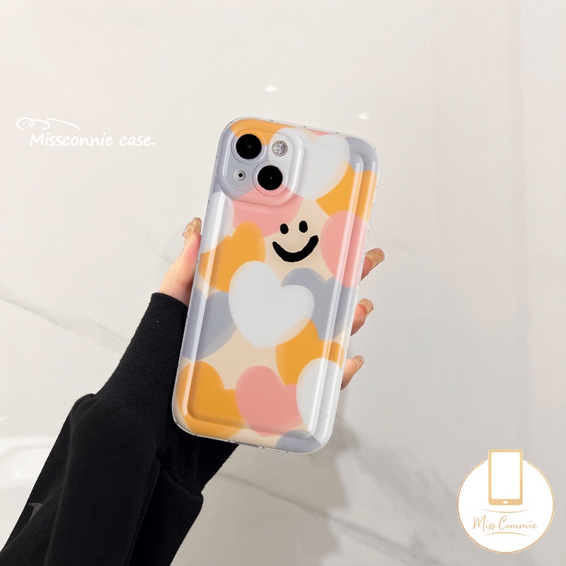 IPHONE Case Cinta Hati Warna-Warni Kompatibel Untuk Iphone11 14 13 12 Pro Max6 7 8 6S Plus XR X XS MAX SE 2020 Kartun Lucu Smiley Pelindung Kamera Lembut TPU Shockproof Airbag Silicon Cover