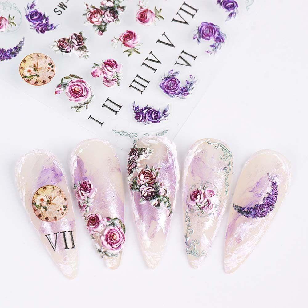 AUGUSTINA Agustina Bunga Stiker Kuku 5D Relief Retro Burung Jam Perekat Diri Hari Valentine Nail Art Nail Art Dekorasi