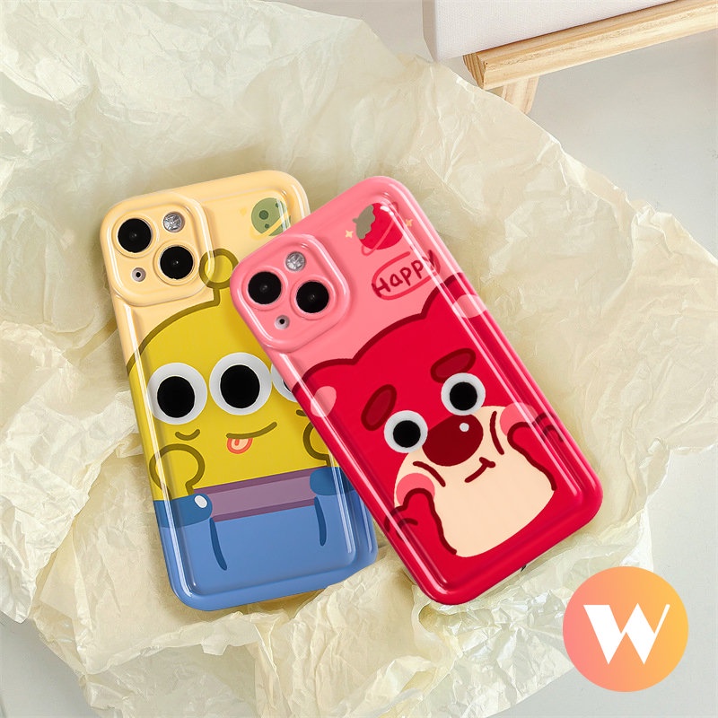 Kartun Toy Story Alien Phone Cover Kompatibel Untuk iPhone 7Plus 11 14 13 12 Pro Max XR X 6s 7 6 8 Plus XS Max SE 2020 Pasangan Lucu Strawberry Bear Manyo Airbag Lembut TPU Case