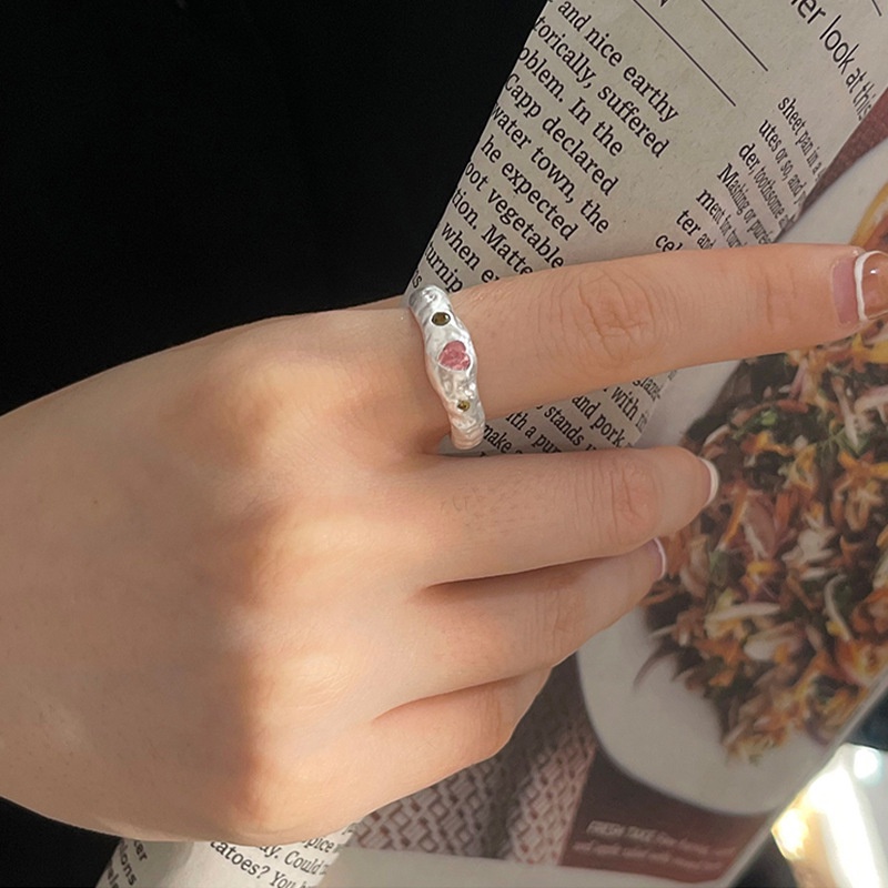 Cincin Minimalis Warna Perak Pembukaan Dapat Disesuaikan Untuk Wanita Trendi Elegan Hati Merah Muda Zirkons Ring Perhiasan Pesta Pernikahan