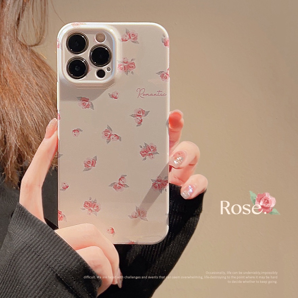 IPHONE Hard Case Glossy Bunga Mawar Gaya Prancis Romantis Untuk Iphone7 8 PLUS X XR XS 11 12 13 14 PRO MAX SE 2020 Penutup Pelindung Lensa Kamera