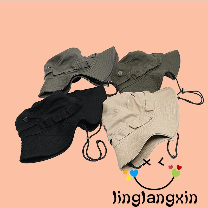 Llx-topi Nelayan Wanita Pria Warna Solid/Kamuflase Pinggiran Lebar Perlindungan Matahari Tali Yang Dapat Disesuaikan