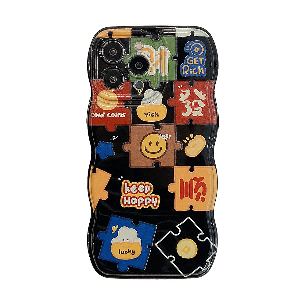 IPHONE Smiley Face Puzzle Soft Black Wave Edge Case Untuk Iphone14 11 12 13 PRO MAX Casing Cover Pelindung AT0020