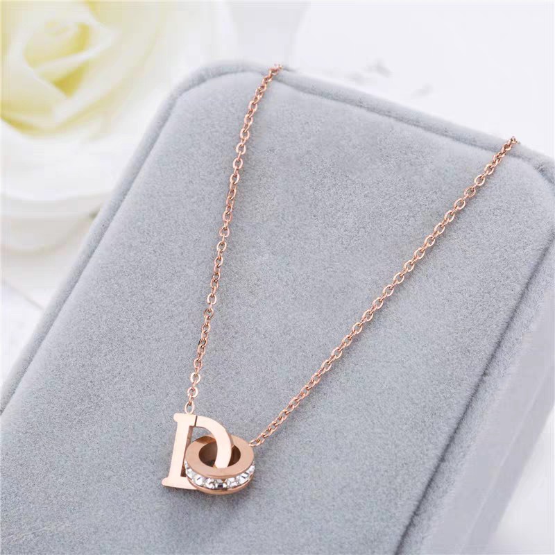 Kalung Cincin Berlian | Kalung Rantai Dengan Liontin Cincin Ganda Motif Tulisan Untuk Wanita | Aksesoris Bahan Stainless Steel 18 Warna Rose Gold Untuk Wanita