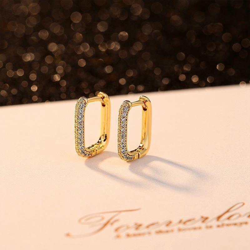 Anting Hoop Zircon Hitam Wanita Lapis Tembaga Dengan Emas Asli Square Earring Mewah Trend Pernikahan Aesthetic Perhiasan Hadiah