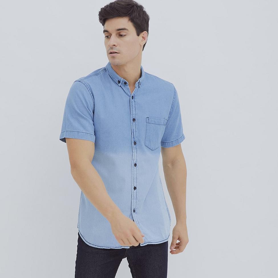 [ART. 25837] HILLBOSS Kemeja Jeans Lengan Pendek Pria Biru Jamie - Casual Denim Shirt Two Tone Light
