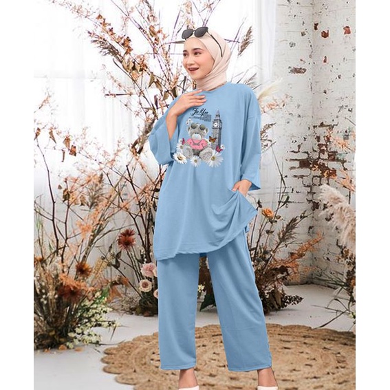 Setcel Oversize Digital Print Bear Bunga / Setelan Celana Jumbo Ld 130cm