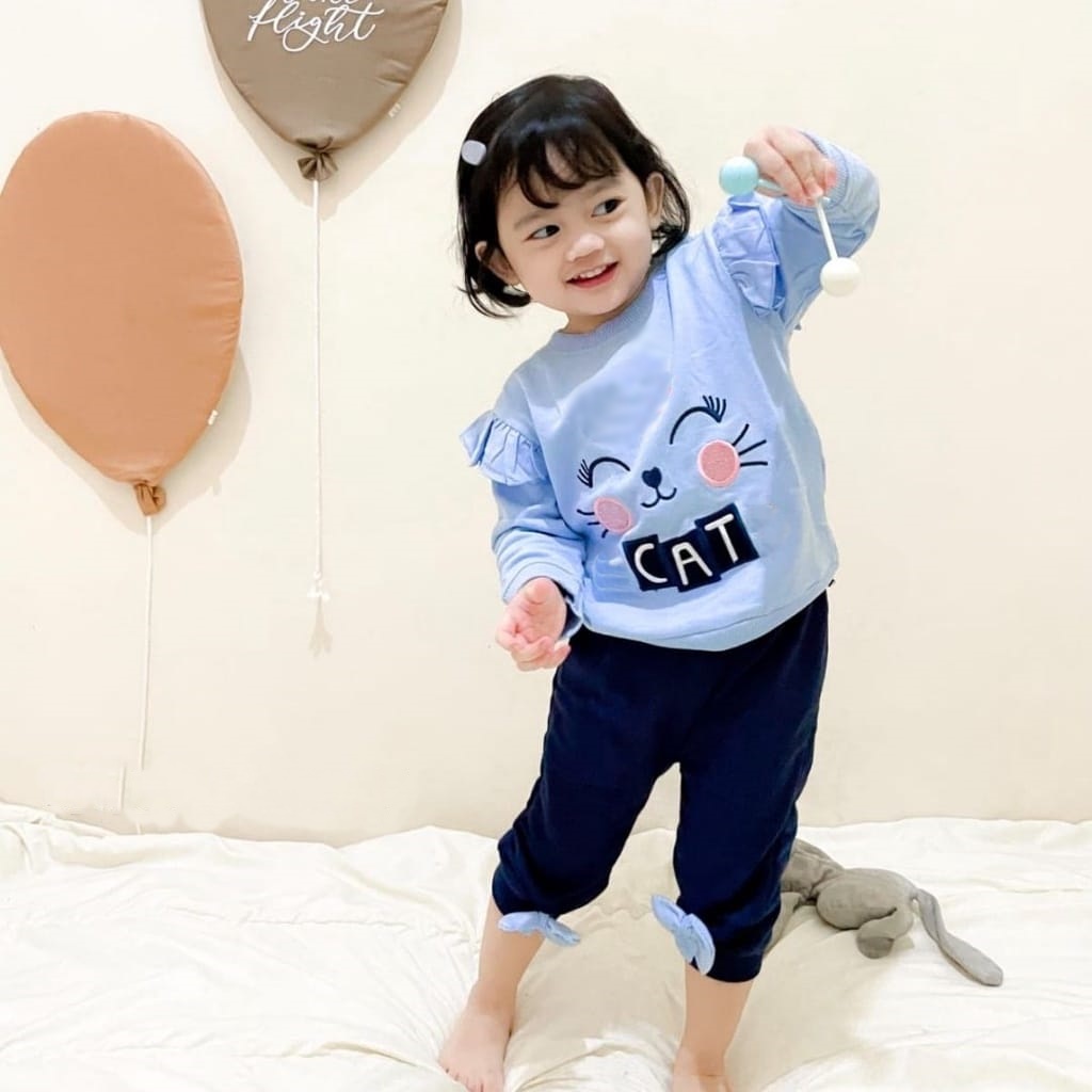 Zahra Setelan Anak Perempuan Popki Bahan Fleece | Pakaian Anak Lucu Umur 1-6 Tahun