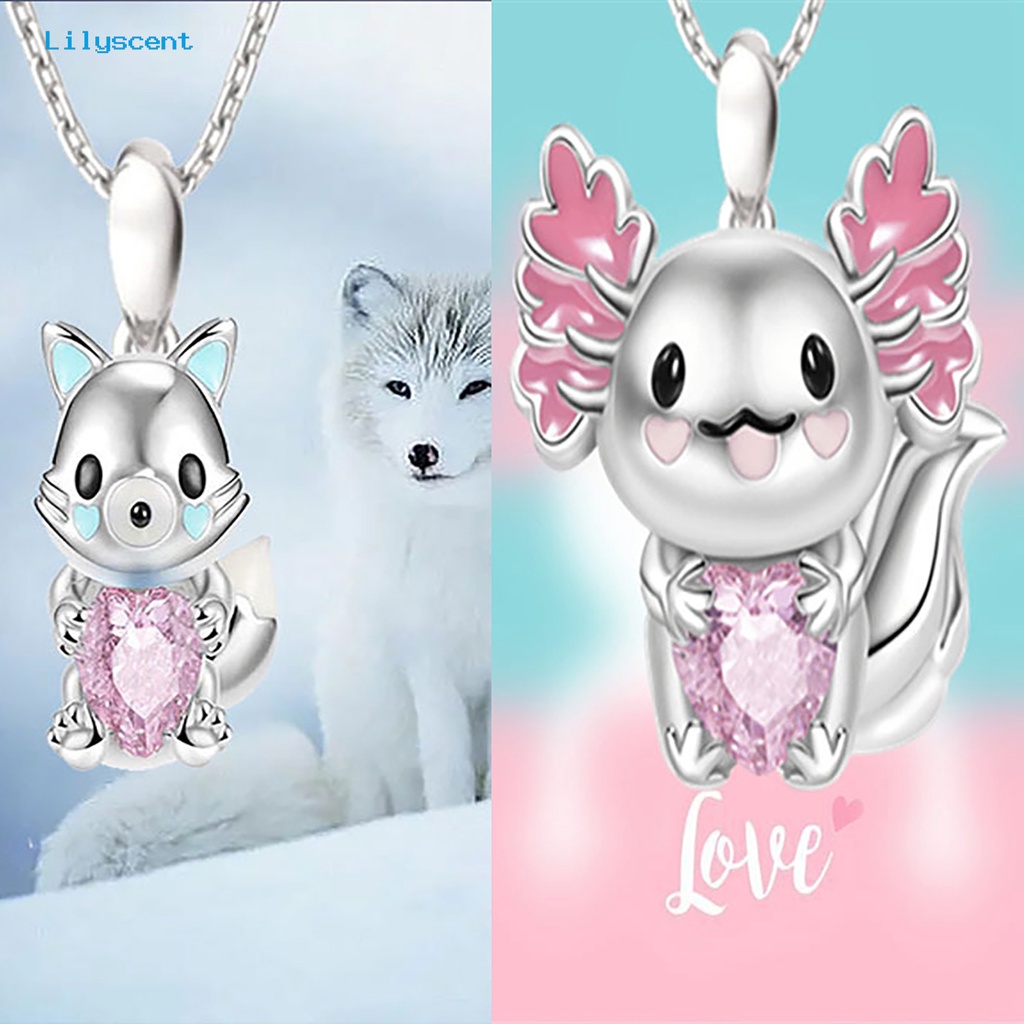 [LS] Liontin Kalung Elegan Mata Hitam Shiny Heart Rhinestone Adjustable Hias Hadiah Lucu Kartun Axolotl Arctic Fox Wanita Fashion Perhiasan Untuk Pakaian Sehari-Hari