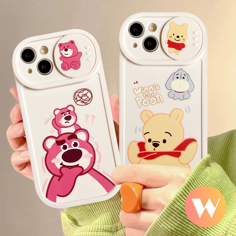 IPHONE Kartun Pasangan Case Kompatibel Untuk Iphone11 13 12 Pro Max 7Plus XR 6Plus X XS Max Cute Strawberry Bear Manyo Winnie the Pooh Pull Push Window Pelindung Kamera Soft Cover