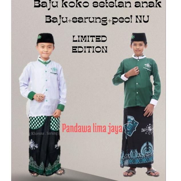 Termurah setelan baju koko NU+sarung+peci anak remaja SD -SMP usia 6-15 tahun sarkoci kemeja koko bo
