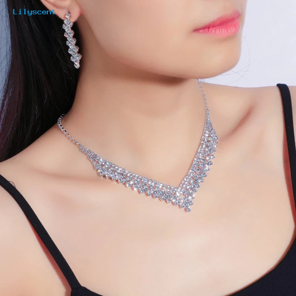 [LS] 1set Anting Pernikahan Temperamen Pengerjaan Indah Mengkilap Tinggi Berlian Imitasi Hias Geometris Dekorasi Shinyny Makan Berat Wanita Perhiasan Kalung Pernikahan Aksesori