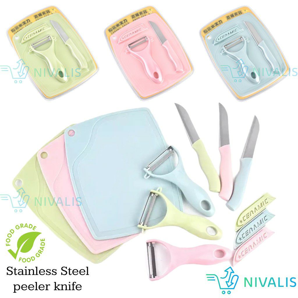 COD - SM88 - Pisau Set Keramik 3in1 Pisau Talenan Pengupas Buah Set Fruit Knife Peeler Chopping Board Set Knife 3 in 1 Ceramic