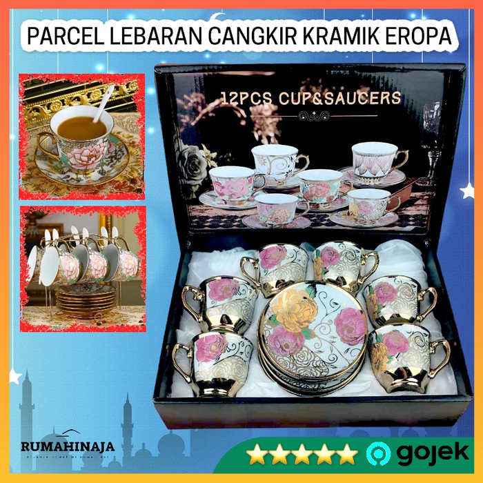 Parcel Kado Cangkir Teh Keramik Peralatan Minum Set 6 in 1 Corak Eropa - Hijau