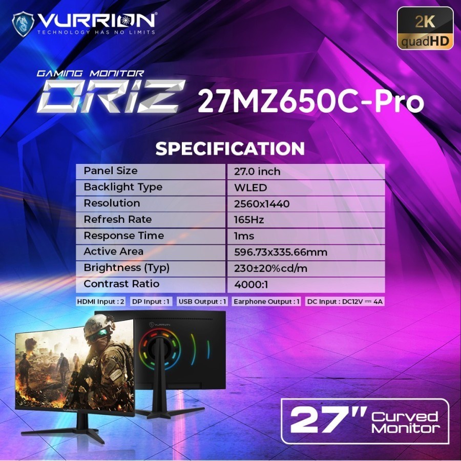 LED GAMING MONITOR VURRION ORIZ 27 INCH CURVED 27MZ650C-PRO res 2K RGB