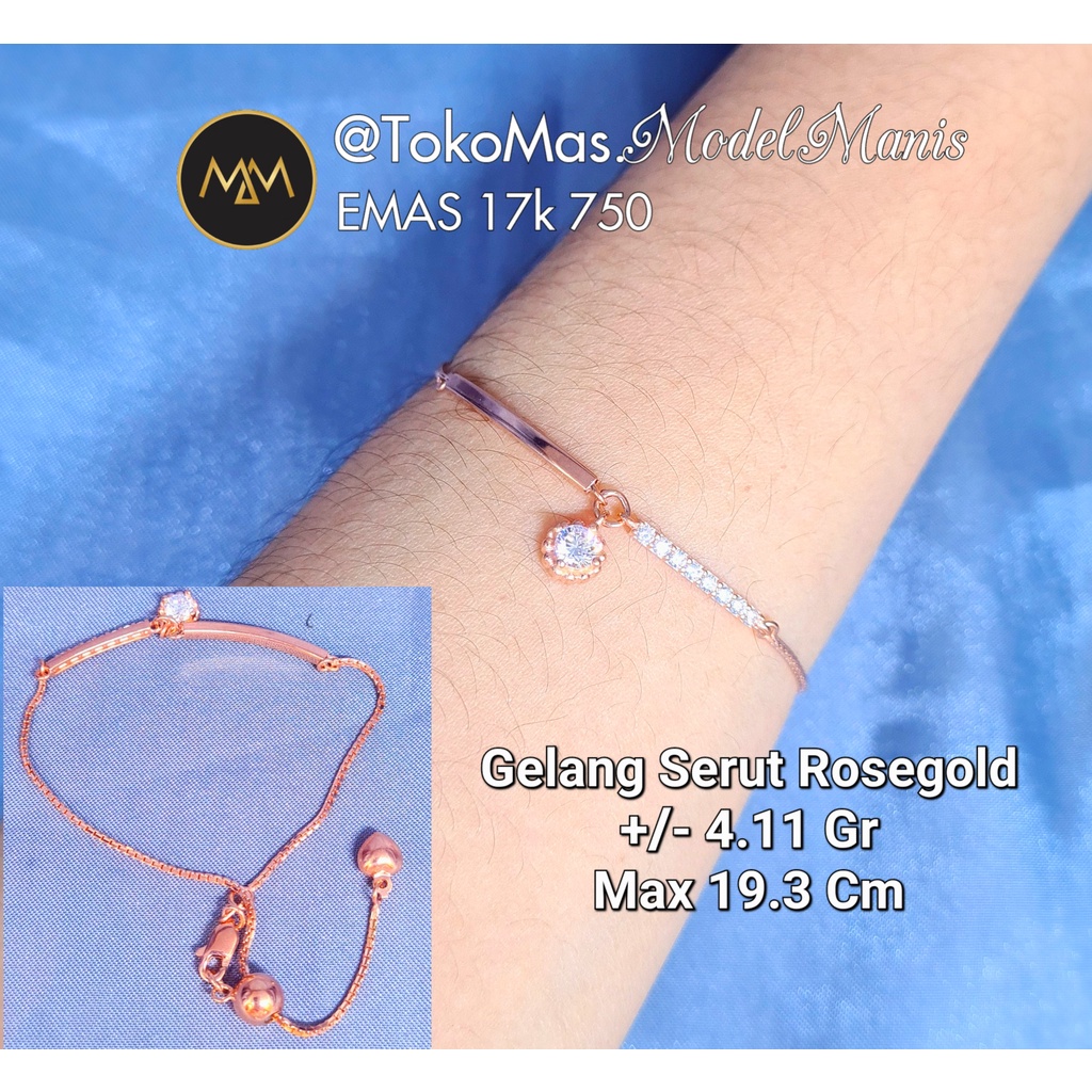 Gelang serut gantung solitaire emas rosegold 750 kadar 17k