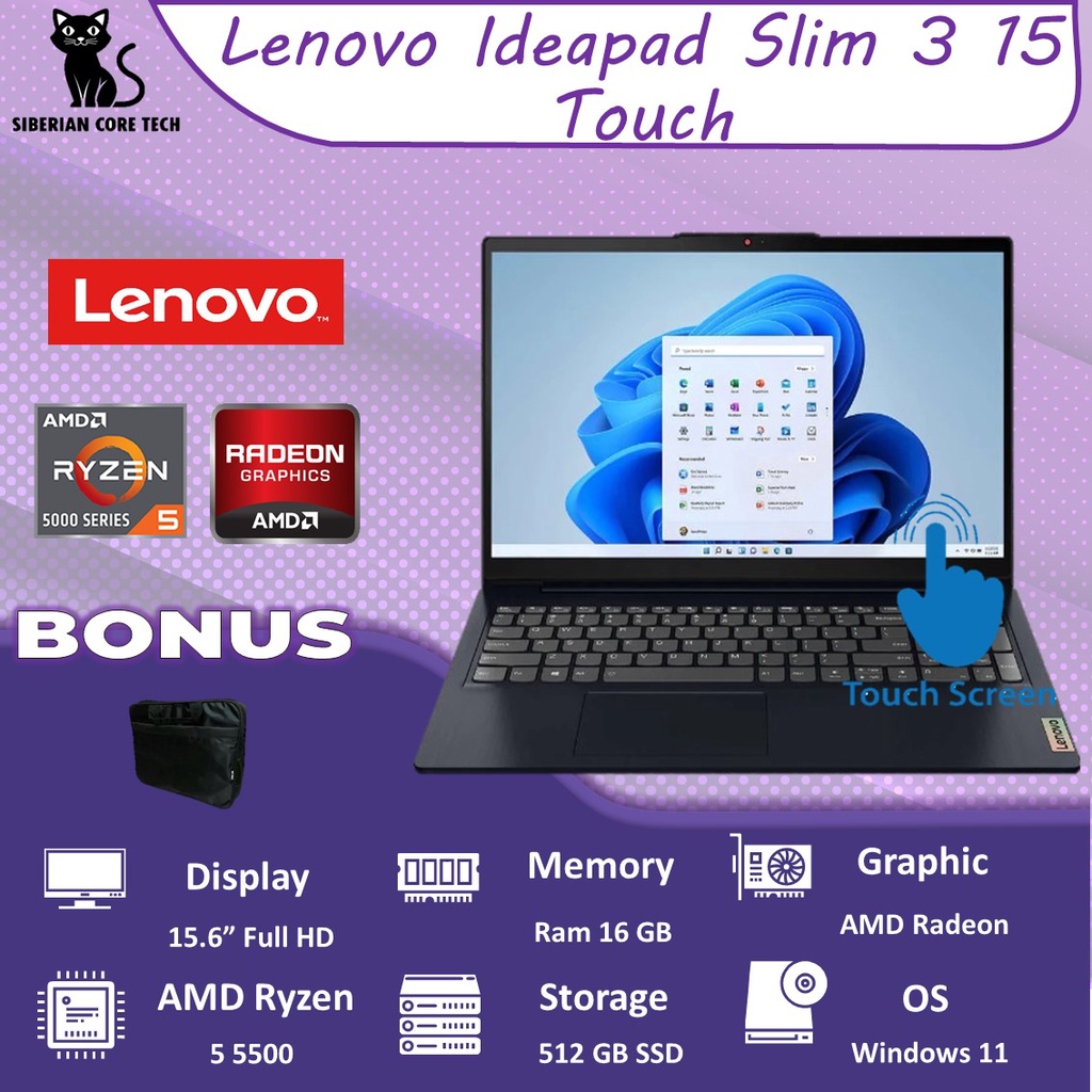 LENOVO IDEAPAD SLIM 3 15 TOUCH RYZEN 5 5500 16GB 512SSD VEGA7 W11 15.6FHD