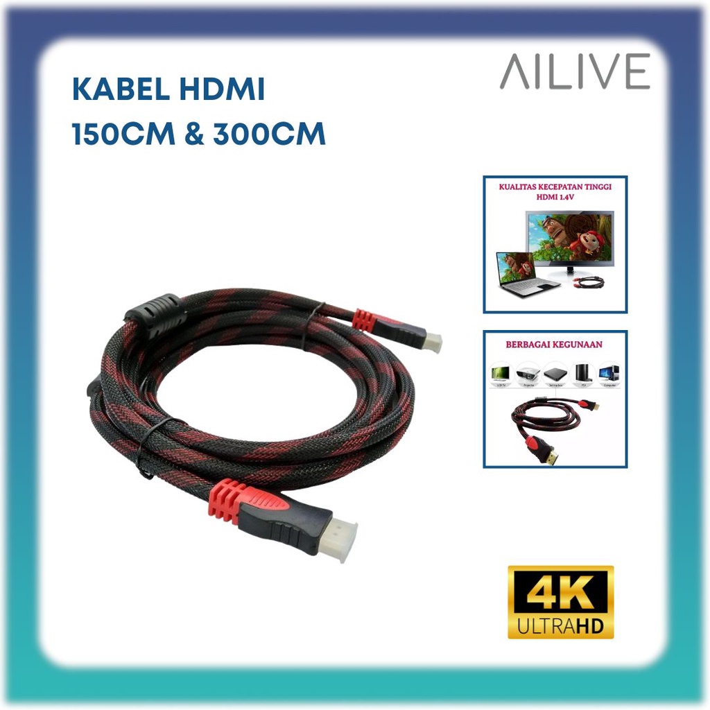 Kabel HDMI To HDMI 1.5M &amp; 3M 1080P / Sambungan Laptop TV Projector Komputer Support 4K High Quality