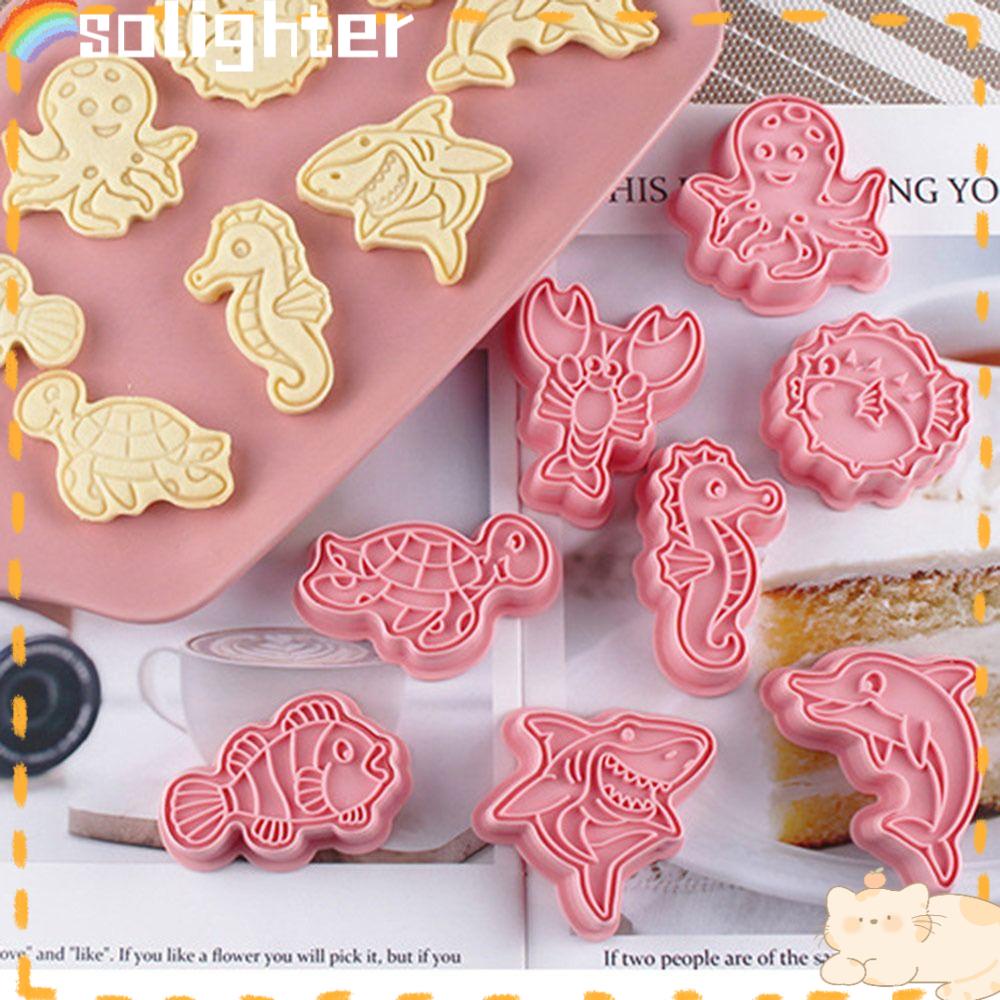 Solighter 8pcs/set Hewan Laut DIY Alat Kue Dolphin Hiu Kuda Laut Plunger Plastik 3D Cookie Cutter