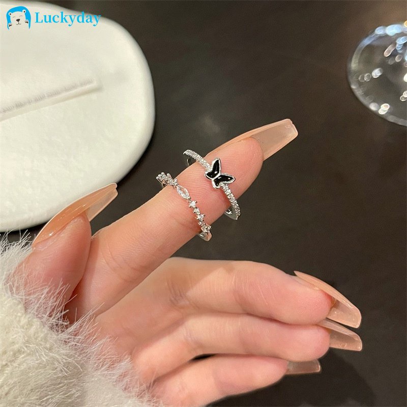 YEEZII 2pcs/set Cincin Kristal Silver Elegan Butterfly Rings Set Untuk Wanita Aksesoris Perhiasan