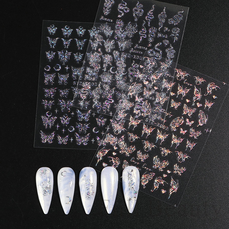 Silver Butterfly Nail Art Stiker 3D Laser Reflektif Ular Naga Bintang Bulan Hati Desain Foils Sparkly Decals Dekorasi Kuku