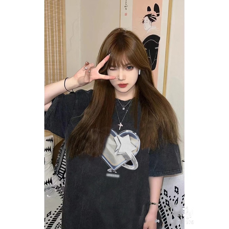 EUNII T-shirt Lengan Pendek Black Washed Vintage Heart Printing Korean Style/Kaos Atasan Wanita/Baju Wanita/Kaos Wanita