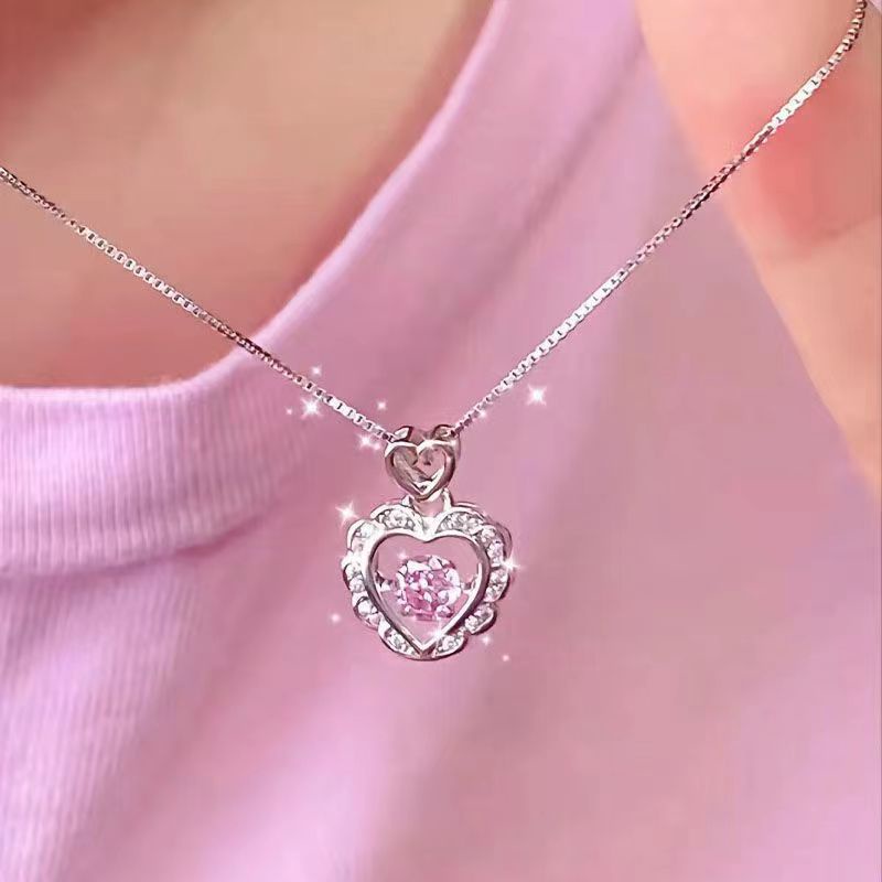 Kalung Liontin Kristal Pink Choker Rantai Hollow Hati Silver Untuk Aksesoris Perhiasan Wanita