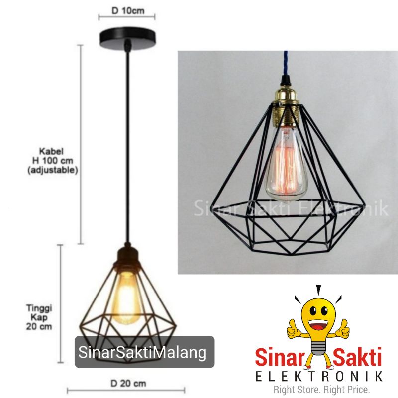 Kap Lampu Gantung Besi Cafe Hias Vintage Fitting Plafon E27 Diamond 1 Set Industrial Hitam