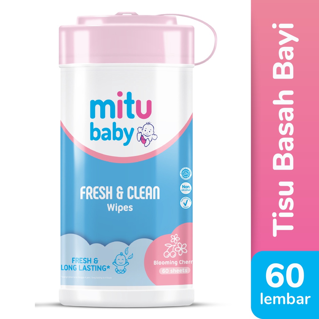 Mitu Baby Fresh &amp; Clean Wipes Blooming Cherry Bottle 60'S - Tisu Basah Bayi