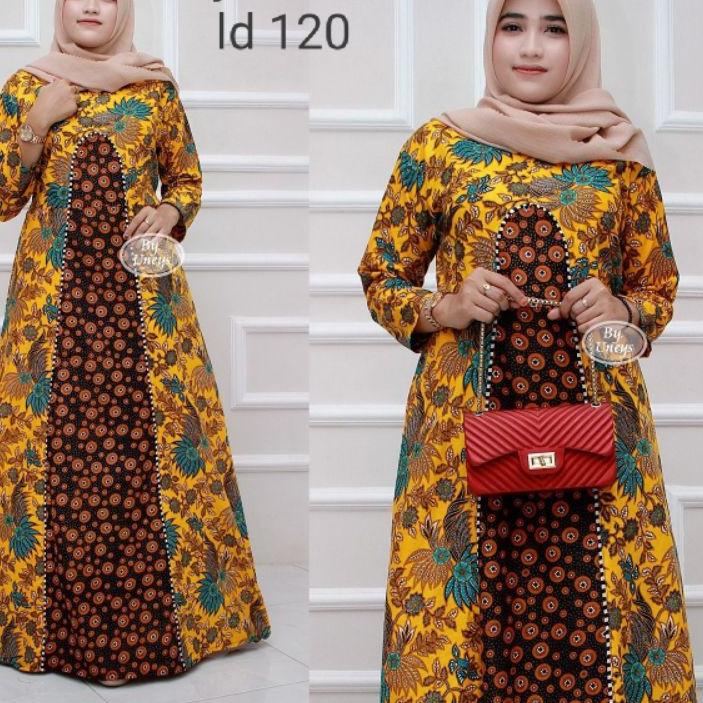 Baju dress gamis wanita Jumbo Ld 120 batik kombinasi bunga warna .,