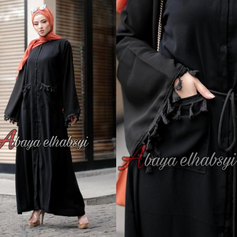 Abaya elhabsyi Exclusive Gamis Arab Hitam Bahan Jet Black Saudi Turkey Kwalitas boutique (KODE 1822)