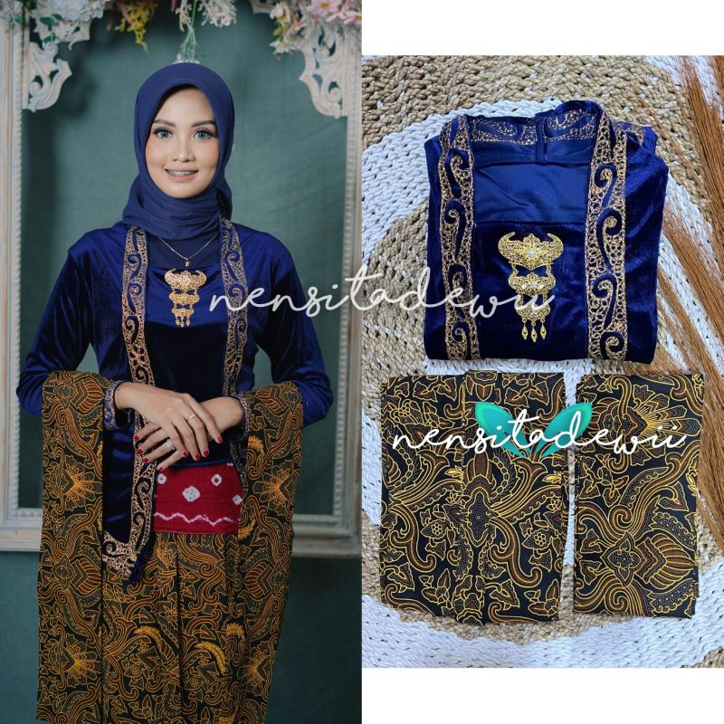 [1 Set] Kebaya Bordir, Jarik Instan + Selendang Jarik / DN02B, Model Ajeng ~ Nuansa Navy