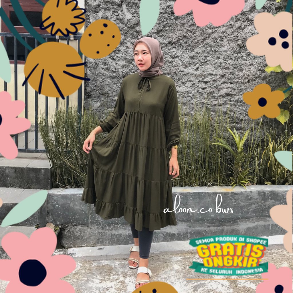 Midi Dress Rempel Susun Rayon Premium - Tunik Wanita Rempel Susun - Dress Rufle Premium / polos gari