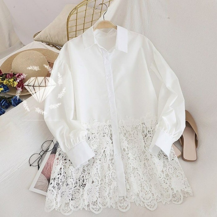 Blouse Muslim Wanita Brukat Atasan Kemeja Blus Outfit  Putih L