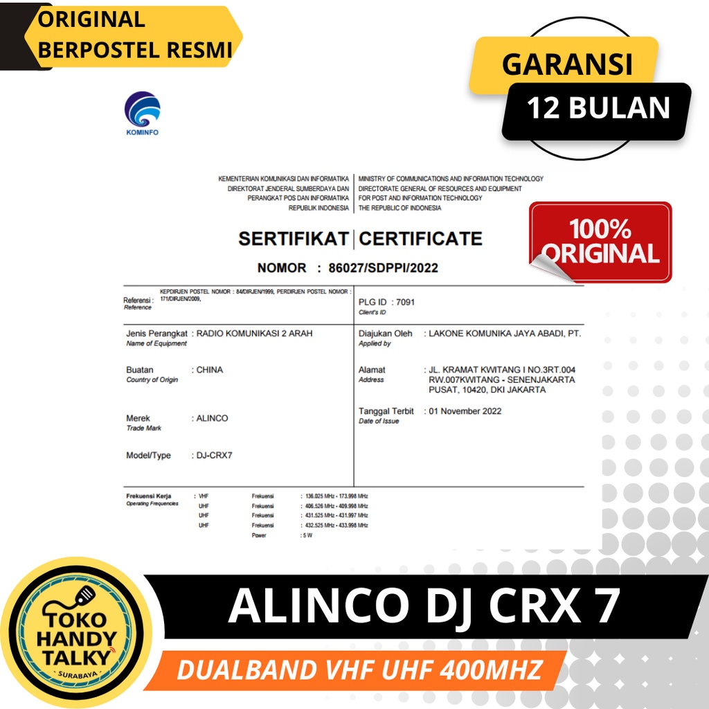 HANDY TALKY ALINCO DJ-CRX 7 DJCRX7 DUALBAND VHF UHF 400MHz NEW ORIGINAL GARANSI RESMI POSTEL