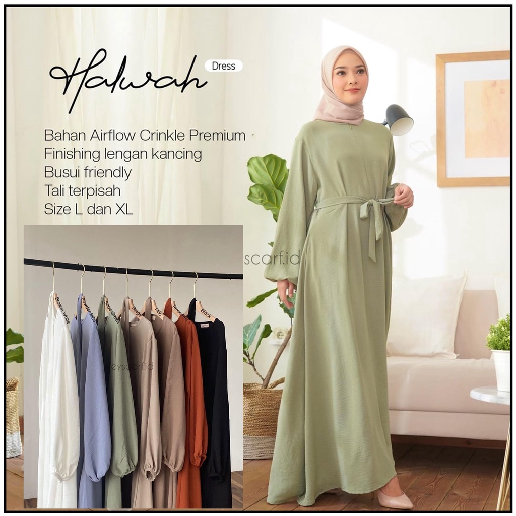 Halwah Dress Muslim Wanita Gamis Tali Pinggang Crinkle Airflow